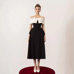 High end minimalist black and white one neck long dress with Vietnamese designer French temperament color blocked dress 40110