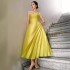 In stock elegant pleated single shoulder dress long skirt 2024 new high waisted yellow dress 40106