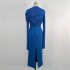 Spot temperament pleated slit long sleeved dress autumn new elegant slim fit blue long skirt 40248