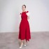 Vintage color blocked hollow red dress in stock, new design sense, niche waist cinching dress, long skirt 40159