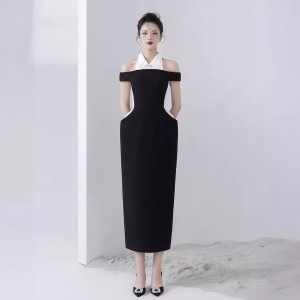 Spot Vietnamese niche black and white diamond grid dress new style temperament lapel waist slimming dress long skirt 40013