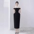 Spot Vietnamese niche black and white diamond grid dress new style temperament lapel waist slimming dress long skirt 40013