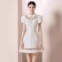 Spot Vietnamese designer heavy industry hollow bow diamond buckle skirt waist slimming jacquard dress 30203