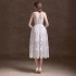 New design with floral lace dress, elegant temperament, hook flower sleeveless white dress, long skirt 40176