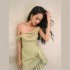 Vietnam's niche diagonal collar pleated patchwork short skirt with new temperament, off shoulder matcha green dress 40121