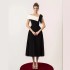 High end black and white sloping shoulder pleated dress with long skirt, new French temperament, big swing waist cinching dress 40113