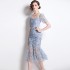 Real shot spot 2022 summer square collar pleated bubble sleeve fish tail skirt long mesh floral dress