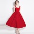 Real shooting spot 2024 spring new sleeveless waist cinching slimming red small dress with large swing suspender dress