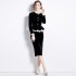 Real shot spot Hepburn style square neck long sleeved lace patchwork hollow waist black slimming dress for women