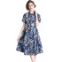 Real time spot European station shirt skirt blue print slimming dress with belt included