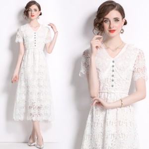 Real time spot French style elegant water-soluble lace dress short sleeved doll collar tied waist mid length skirt