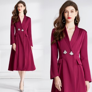 Real shot spot rose red retro trench coat for women's autumn and winter suit collar and waist long coat