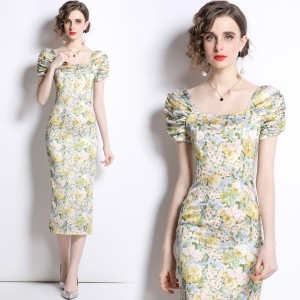 Real shot spot small daisy floral dress, women's retro hip hugging skirt, one shoulder long skirt