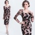 Real time spot leopard print long sleeved dress with hip opening and a French slim fit square neck printed dress