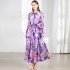 Real time spot rustic style long skirt, women's printed collar flared sleeve dress