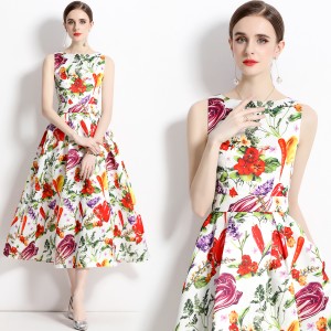 Real time stock sleeveless high waisted dress with three-dimensional cutting and waist cinching A-line skirt