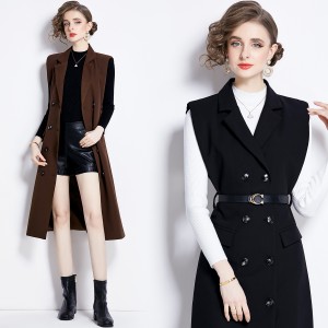 Real shot spot knitted base sweater versatile retro double breasted suit dress two-piece set