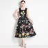 Real shot French retro printed high waisted camisole dress in stock