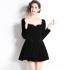 Real shot spot square collar mid waist French long sleeved retro dress, heavy-duty nail diamond velvet dress