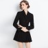 Real shot black waist cinched pleated suit dress, jacket, and dress in stock