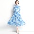 Real shot spot early spring women's blue printed shirt dress