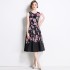 Real shot vintage waist cinching slimming sleeveless printed dress in stock, medium to long style