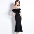 Real shot spot dress, long one shoulder slim fit and slimming, waist cinching fish tail dress, Roman cotton