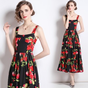 Real time spot fashion show new women's temperament long skirt slim fit suspender printed dress