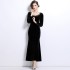 Real time spot French velvet elegant fishtail skirt retro heavy black evening dress slim fit long sleeved dress