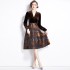 Real shot spot women's V-neck velvet patchwork jacquard dress with waist cinching and slimming A-line skirt with lining fabric and belt included