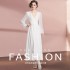 Real time spot French court retro style slimming white dress long sleeved V-neck long skirt