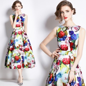 Real time stock sleeveless high waisted dress with three-dimensional cutting and waist cinching A-line skirt