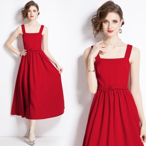 Real shooting spot 2024 spring new sleeveless waist cinching slimming red small dress with large swing suspender dress