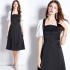 Real shot spot satin patchwork white bubble sleeves slim fit and slimming black dress