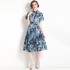 Real time spot new color printed pleated loose hem dress for commuting