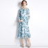 Real time spot European station new chiffon skirt mid long blue printed dress