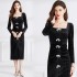 Real time spot French square collar polka dot long skirt with slit to show off slimming bow velvet Hepburn dress