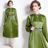 Real shot spot round neck lantern long sleeved heavy nail bead tied waist pleated skirt princess style dress with belt included