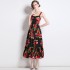 Real time spot fashion show new women's temperament long skirt slim fit suspender printed dress