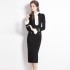 French Hepburn style contrasting color patchwork petal collar dress slim fit black mid length skirt