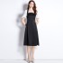 Real shot spot satin patchwork white bubble sleeves slim fit and slimming black dress