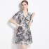 Real time spot new ink painting animal jungle pattern waist cinching slimming short sleeved dress