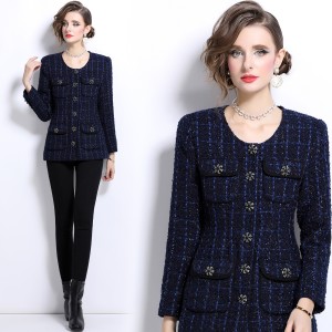 Real shot spot coarse woolen small fragrant round neck open collar high-end single breasted retro jacket dress