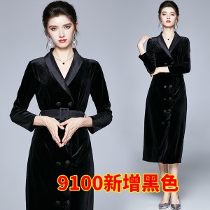 Real shot spot dress temperament French gold velvet dress long skirt with original belt included