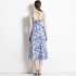 Real shot French retro printed high waisted camisole dress in stock