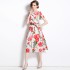 Real shooting spot 2023 new printed pattern round neck retro mid waist short sleeved waist dress