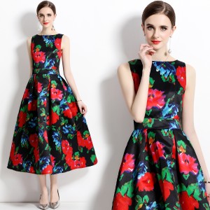 Real time stock sleeveless high waisted dress with three-dimensional cutting and waist cinching A-line skirt