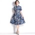 Real time spot European station shirt skirt blue print slimming dress with belt included