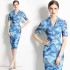 Real time spot niche printed short sleeved dress for women's mid to long length, slim fit, hip hugging skirt