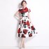 Real time spot rose print medium long skirt slim fit waist cinched shirt collar A-line skirt large swing dress with belt included